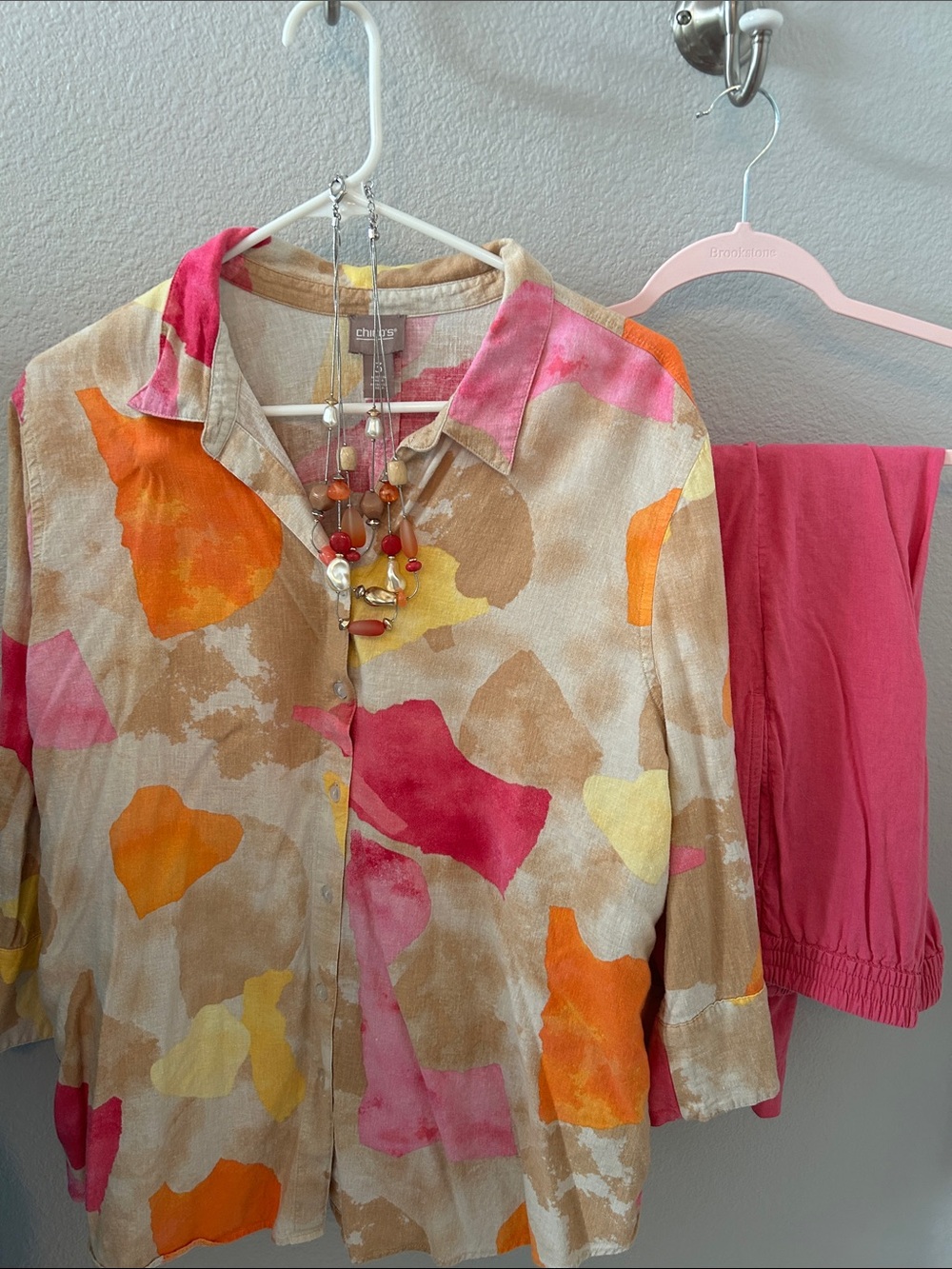 Chico's Abstract Watercolor Button-Down in Pink, Orange & Tan